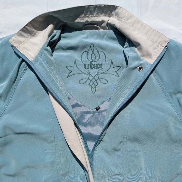 Vintage Teal Blue Green Cream Windbreaker Zip  Up Button Jacket Utex XS Woman - Picture 6 of 11